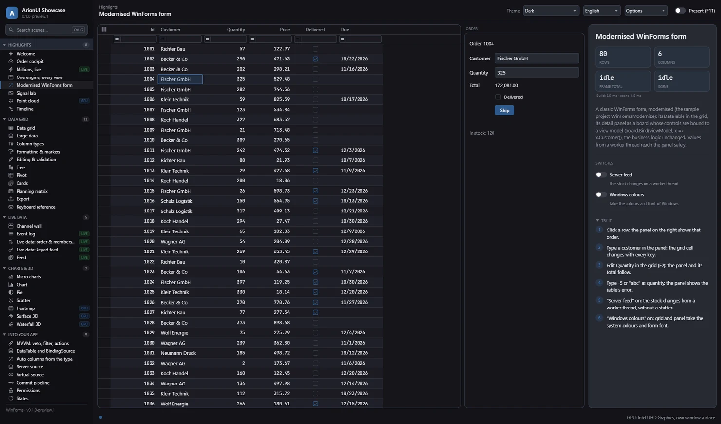 Showcase scene Modernised WinForms form, dark theme: an orders DataTable in an ArionUI grid and beside it an order panel with customer, quantity, total, a Delivered check box and a Ship button