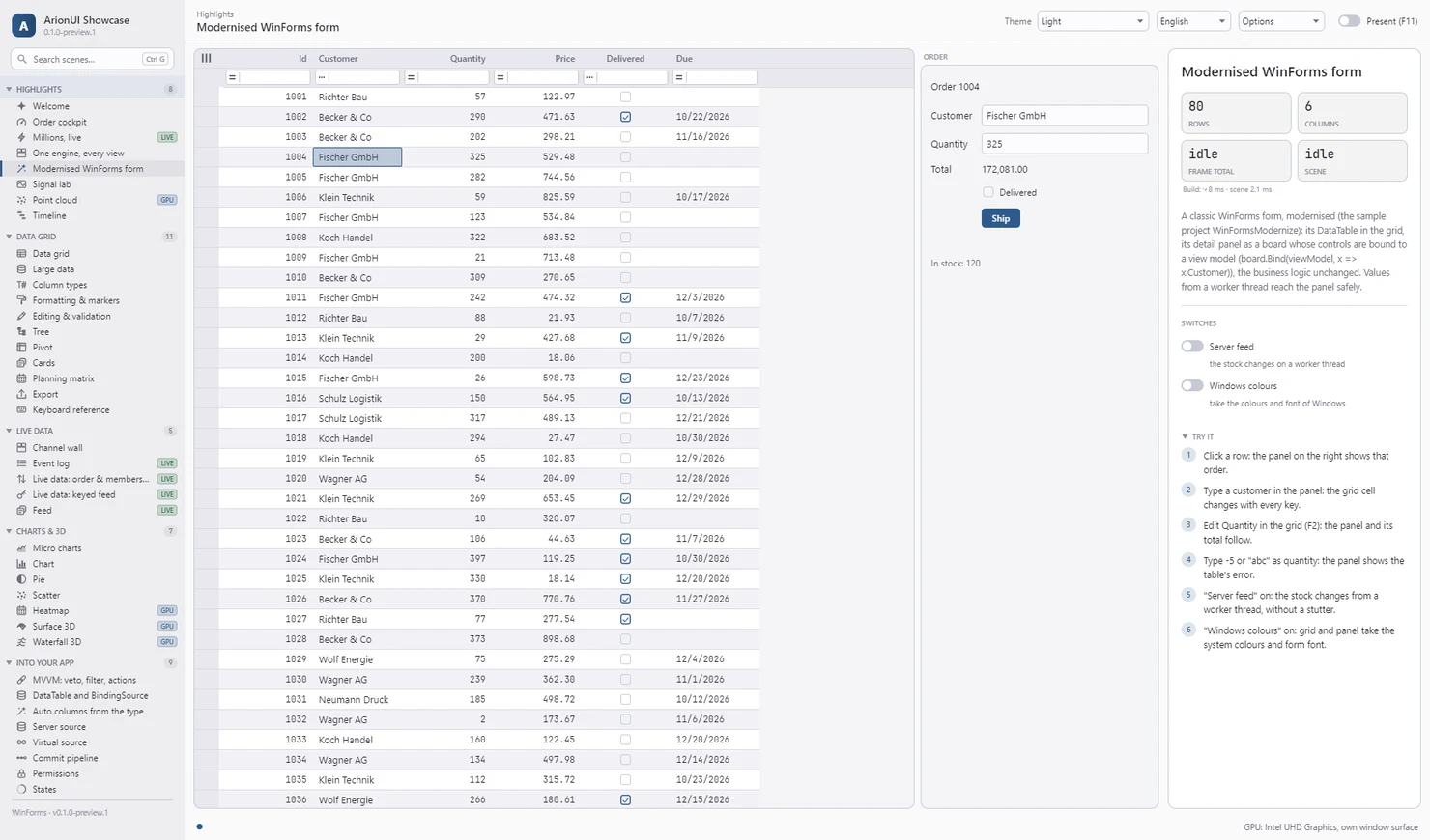 Showcase scene Modernised WinForms form, light theme: an orders DataTable in an ArionUI grid and beside it an order panel with customer, quantity, total, a Delivered check box and a Ship button