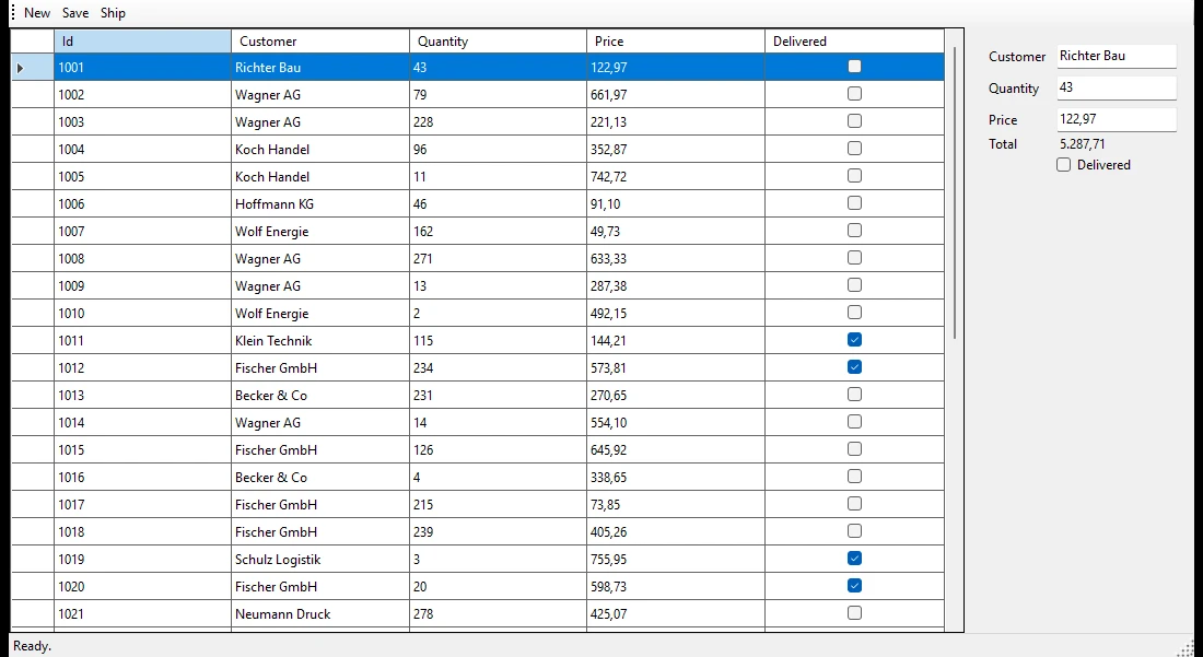 Step 0: a classic WinForms order form with a DataGridView of orders, a tool bar with New, Save and Ship, text boxes for customer, quantity and price on the right, and a status strip reading Ready.