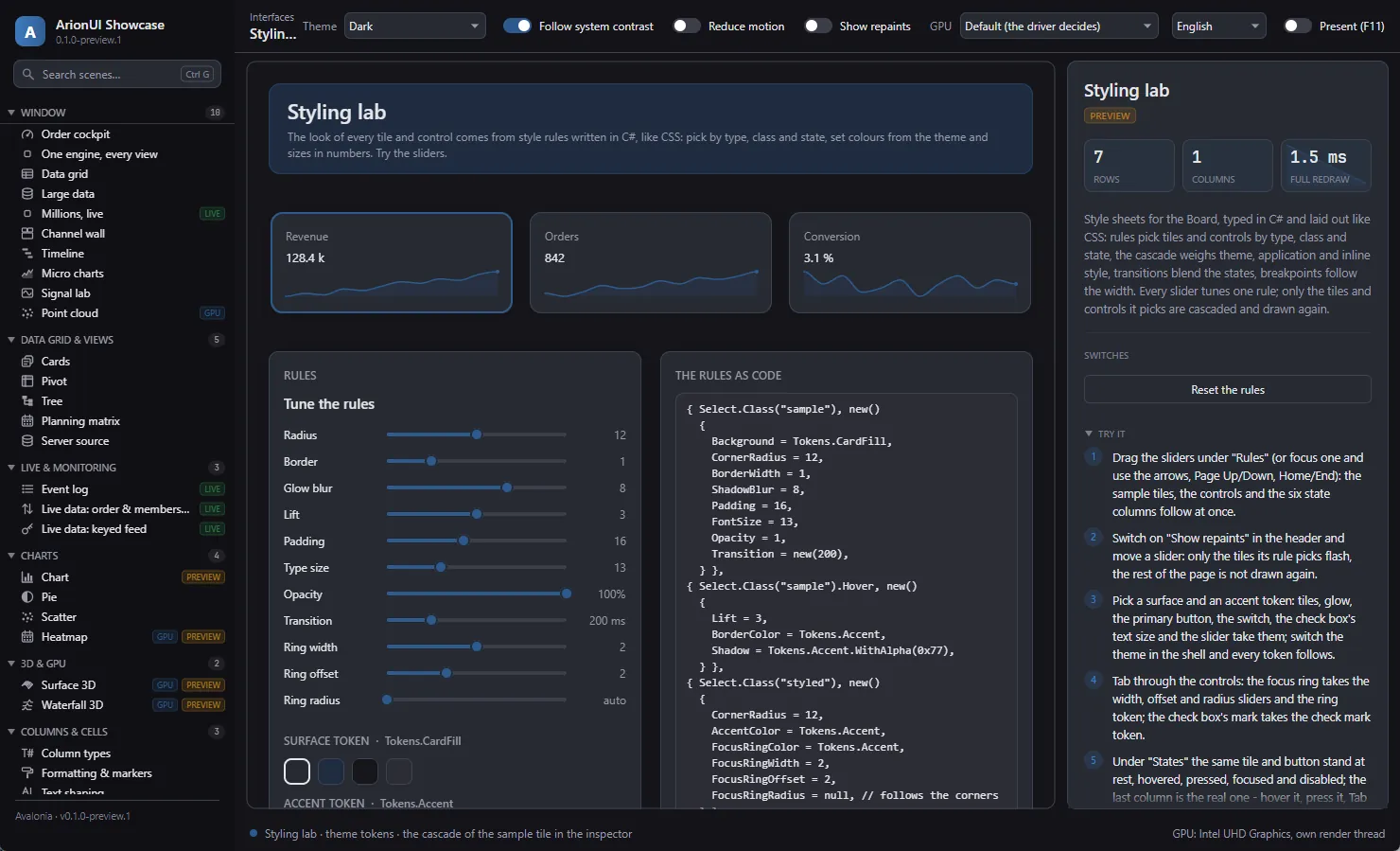 The Styling lab scene, dark theme: sliders for radius, border, glow, lift, padding and type size next to the same rules printed as C# code, above three sample tiles.