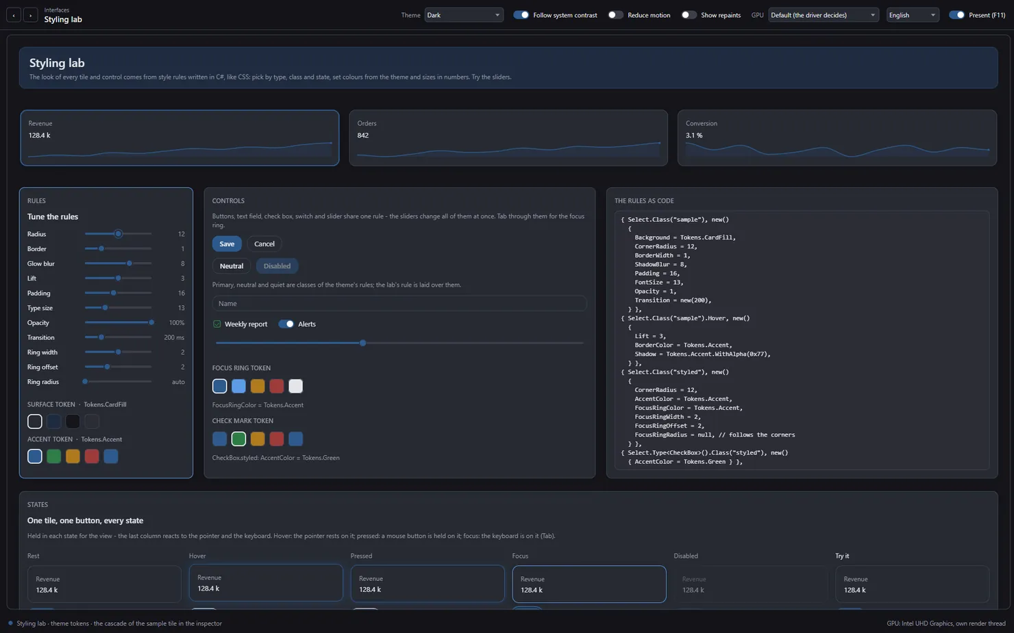 The Styling lab scene full screen, dark theme: three columns of cards - rules with sliders, controls, and the rules as code - under three sample tiles.