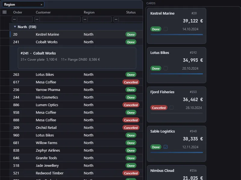 Showcase Appearance scene: a grouped order table with a detail row next to a column of order cards (dark theme)