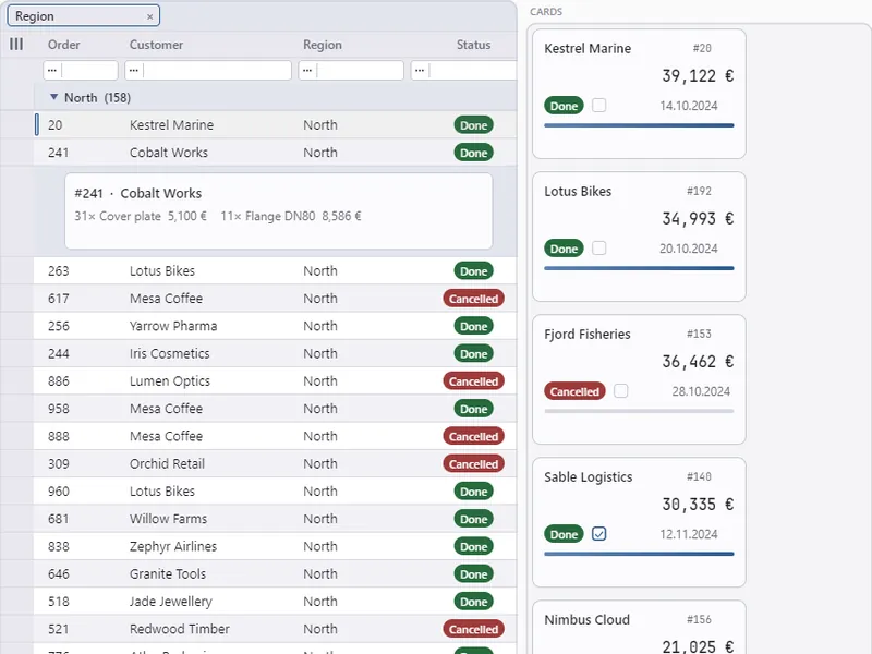 Showcase Appearance scene: a grouped order table with a detail row next to a column of order cards (light theme)